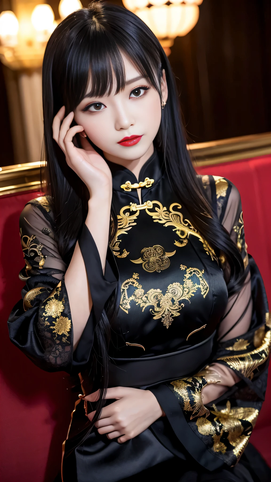 tra-detailed、Japanese、attractive beauty、seductive adult woman、pretty woman、piercing eyes、cool girl、wavy hair、swept bangs、Long Black and Gold Cheongsam、wide sleeves、Evil cadres、evil depravity、brainwash、mind control、lipstick、lip gloss、dark makeup、smirk、whisper in your ear、Evil expression、evil、hollow eyes,half-closed eyes、empty eyes、evil、church at night、vampire、succubus、vampire、Swear allegiance、sexy pose、hair ornaments、