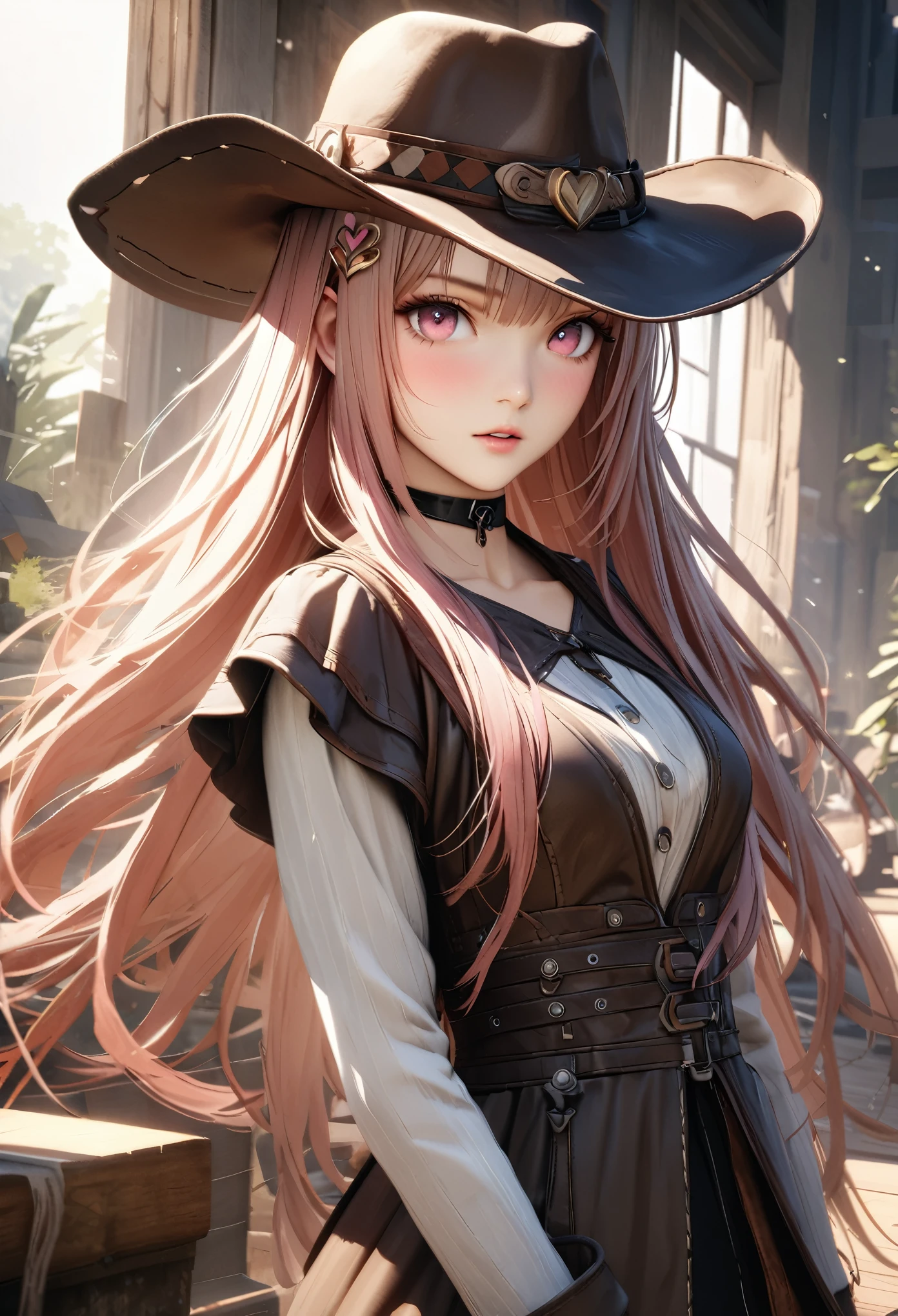 masterpiece,highest quality, Super detailed, High resolution, expensive resolution, HDR, 4k, 8K, unity 8k wallpaper, Super detailed CG, masterpiece, realistic, 2D, 3D, beautiful details, depth, fine texture , super fine: 1.3, Fully focused, Crispy.skin, .he, Very cute anime girl 、cowboy style costume、cowboy hat、cowboy boots technic wilderness、duel、long sword、Pink semi-long hair wearing expensive , one girl、alone, Pink semi-long hair, cowboy style、cowboy hat、long sword、duel、cowboy bootole under the eye, looking at the viewer , expensive , blush, mole, parted lips, hair ornaments, heart, pink eyes, choker