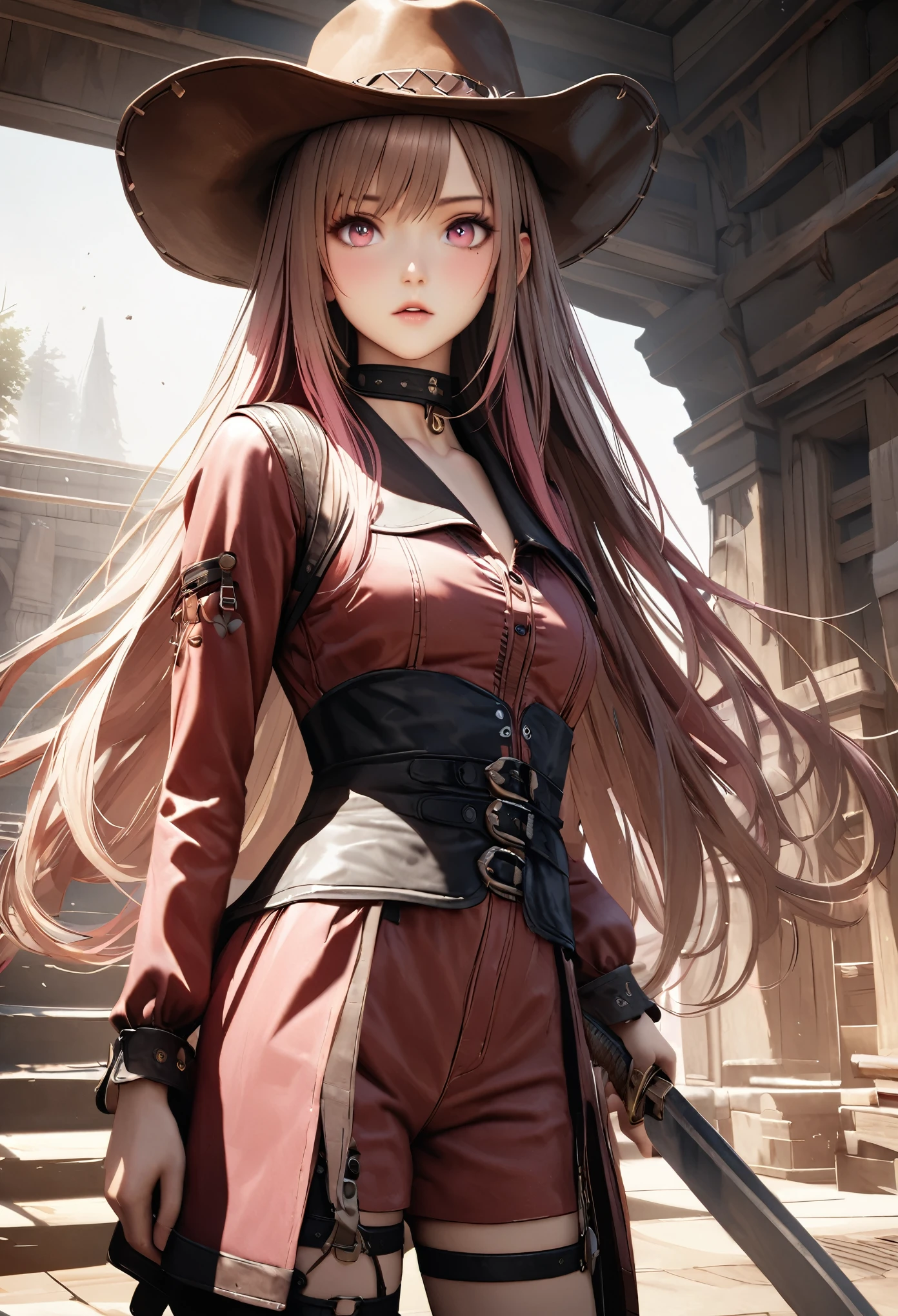 masterpiece,highest quality, Super detailed, High resolution, expensive resolution, HDR, 4k, 8K, unity 8k wallpaper, Super detailed CG, masterpiece, realistic, 2D, 3D, beautiful details, depth, fine texture , super fine: 1.3, Fully focused, Crispy.skin, .he, Very cute anime girl 、cowboy style costume、cowboy hat、cowboy boots technic wilderness、duel、long sword、Pink semi-long hair wearing expensive , one girl、alone, Pink semi-long hair, cowboy style、cowboy hat、long sword、duel、cowboy bootole under the eye, looking at the viewer , expensive , blush, mole, parted lips, hair ornaments, heart, pink eyes, choker