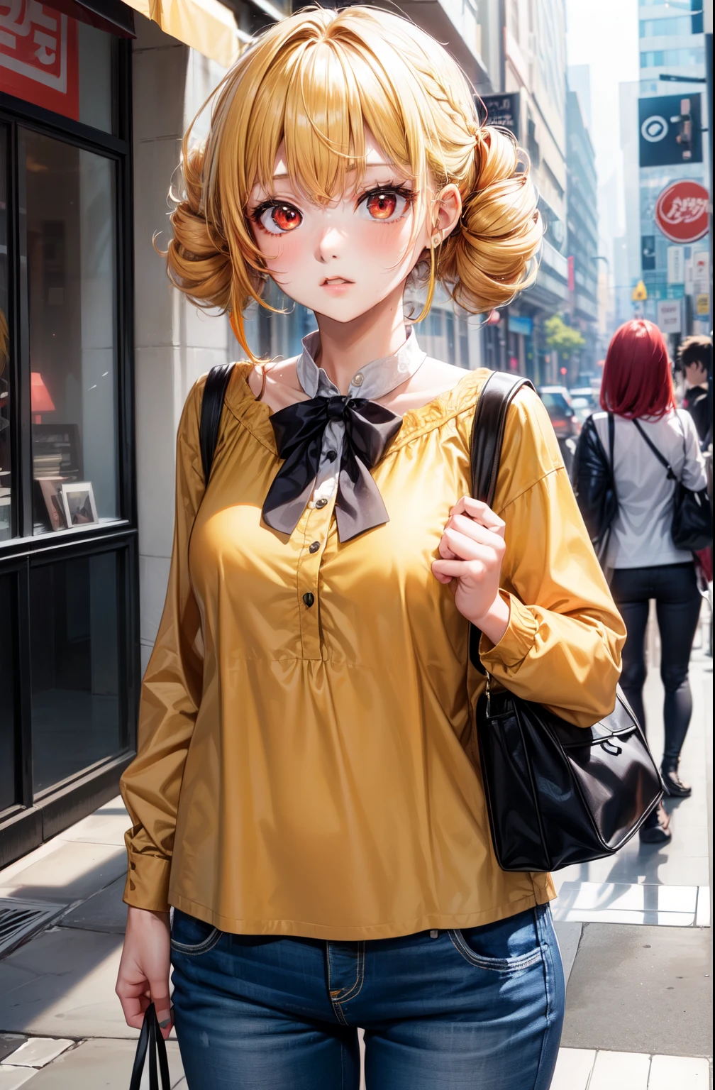 (((1girl))), ((((solo)))), ((messy hairstyle)), standing taking a picture, (((Reddish-yellow hair)), red eyes, soft blouse, anime vibe