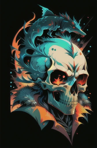skull, vector art,j-horror, black background, joyful, lens flare abuse, Yuki Katsura, subalpine meadows, Walking Catfish, Christmas Red