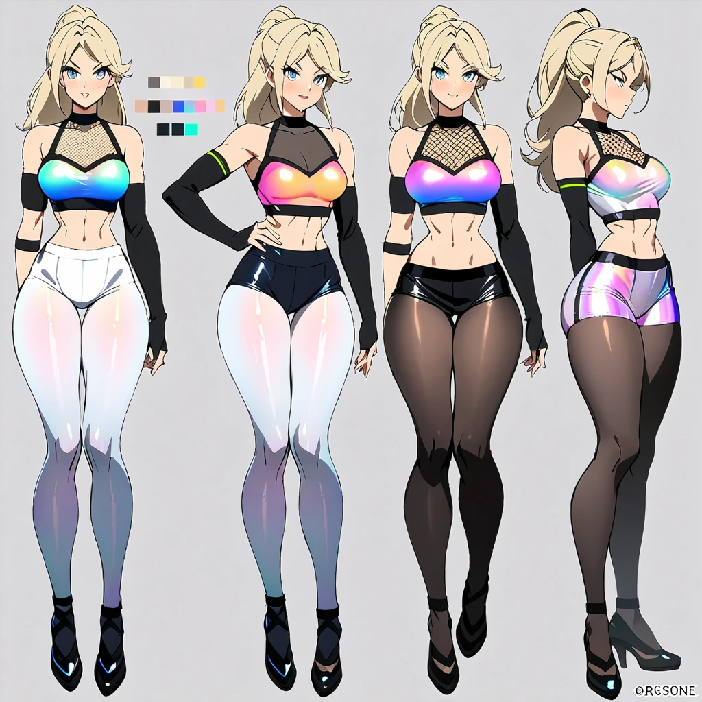 reference sheet, #1 fitness supermodel, thick thighs, slim waistline, fleshy lips, iridescent spandex top, mesh shirt, sheer seamed pantyhose, knee-length cirrê shorts, white thigh-high stockings, black leather elbow gloves