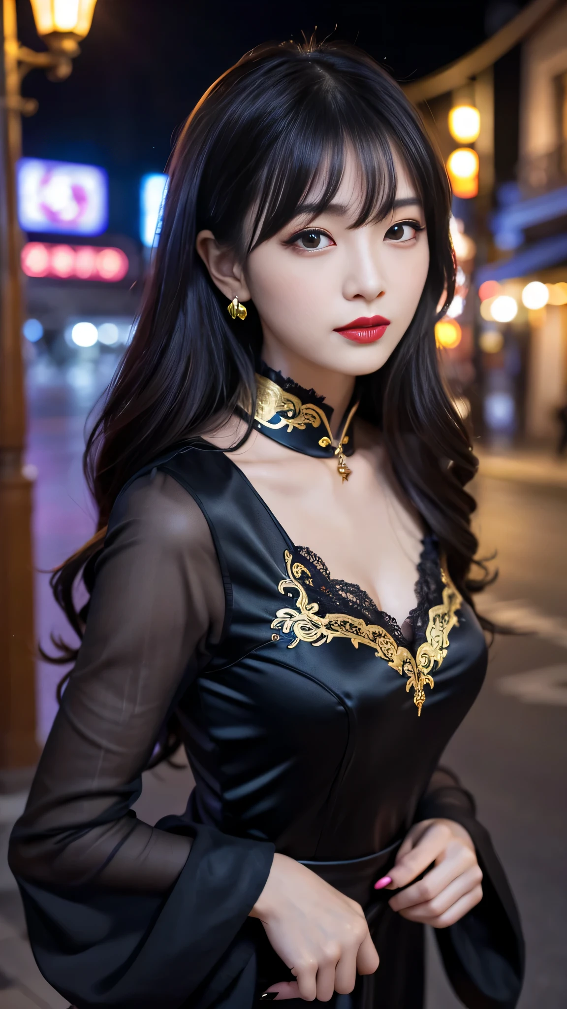 tra-detailed、Japanese、attractive beauty、seductive adult woman、pretty woman、piercing eyes、cool girl、wavy hair、swept bangs、Long Black and Gold Cheongsam、wide sleeves、Evil cadres、evil depravity、brainwash、mind control、lipstick、lip gloss、dark makeup、smirk、whisper in your ear、Evil expression、evil、hollow eyes,half-closed eyes、empty eyes、evil、church at night、vampire、succubus、vampire、Swear allegiance、sexy pose、hair ornaments、