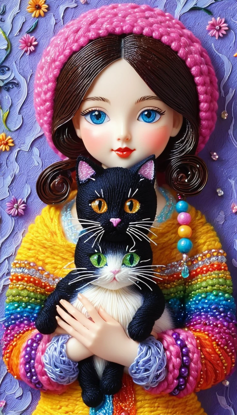 Cute colorful woollen art girl holding cat, beads book, focusing,, fantastic , perfect composition, perfect details, perfect eyes, perfect iris, high resolution, high quality, high definition, ink painting , lovely, calm, painting splashes , quilling background