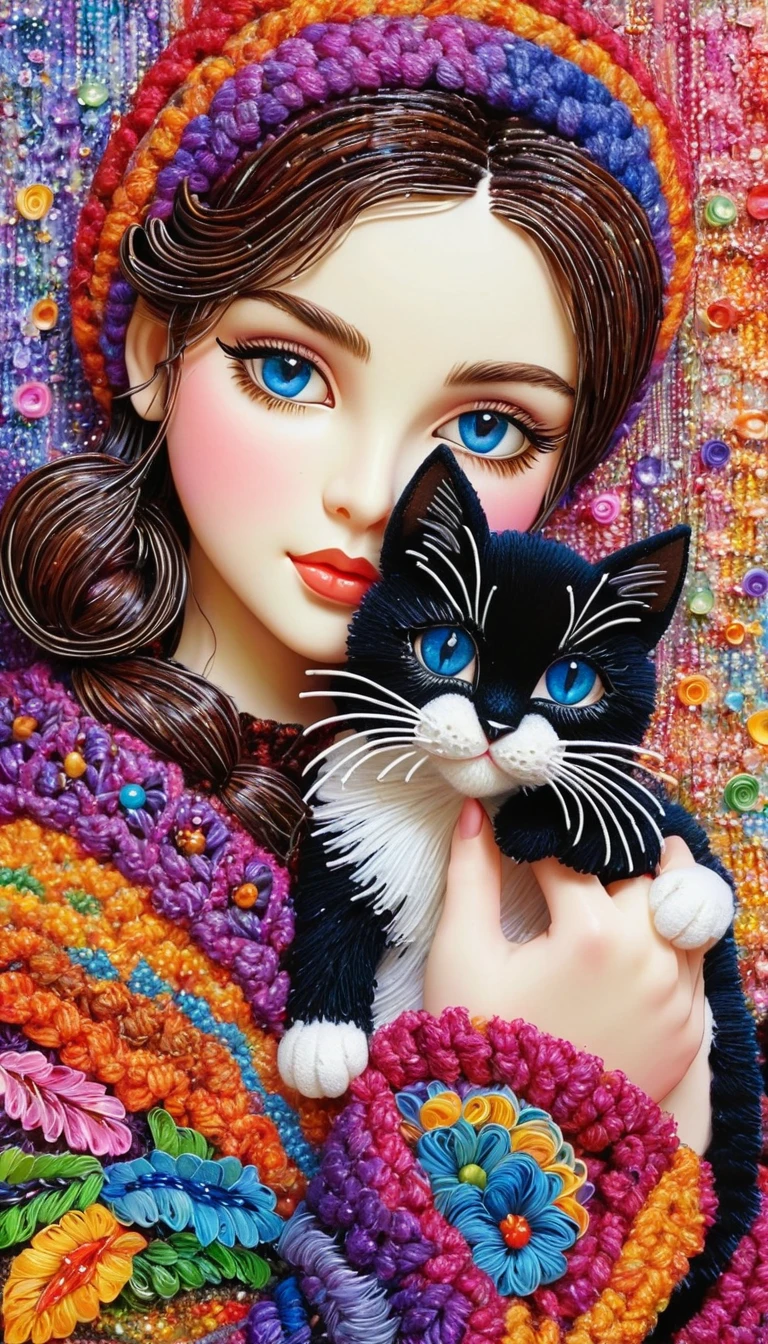Cute colorful woollen art girl holding cat, beads book, focusing,, fantastic , perfect composition, perfect details, perfect eyes, perfect iris, high resolution, high quality, high definition, ink painting , lovely, calm, painting splashes , quilling background