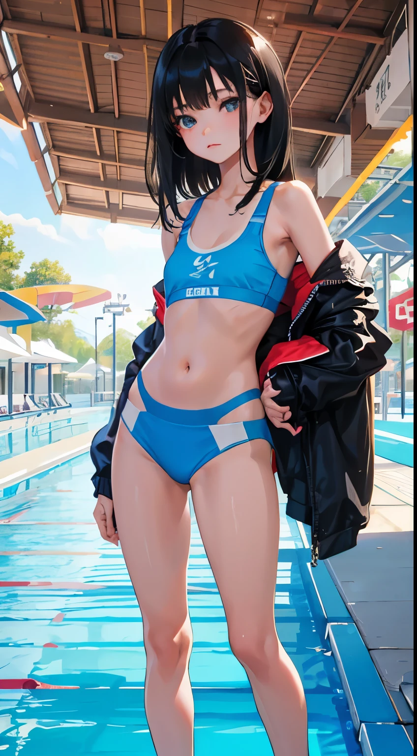 (short cute girl,small young student,young delicate girl),(masterpiece,Top quality),long black hair,Light blue sports bra,amusement park,pool