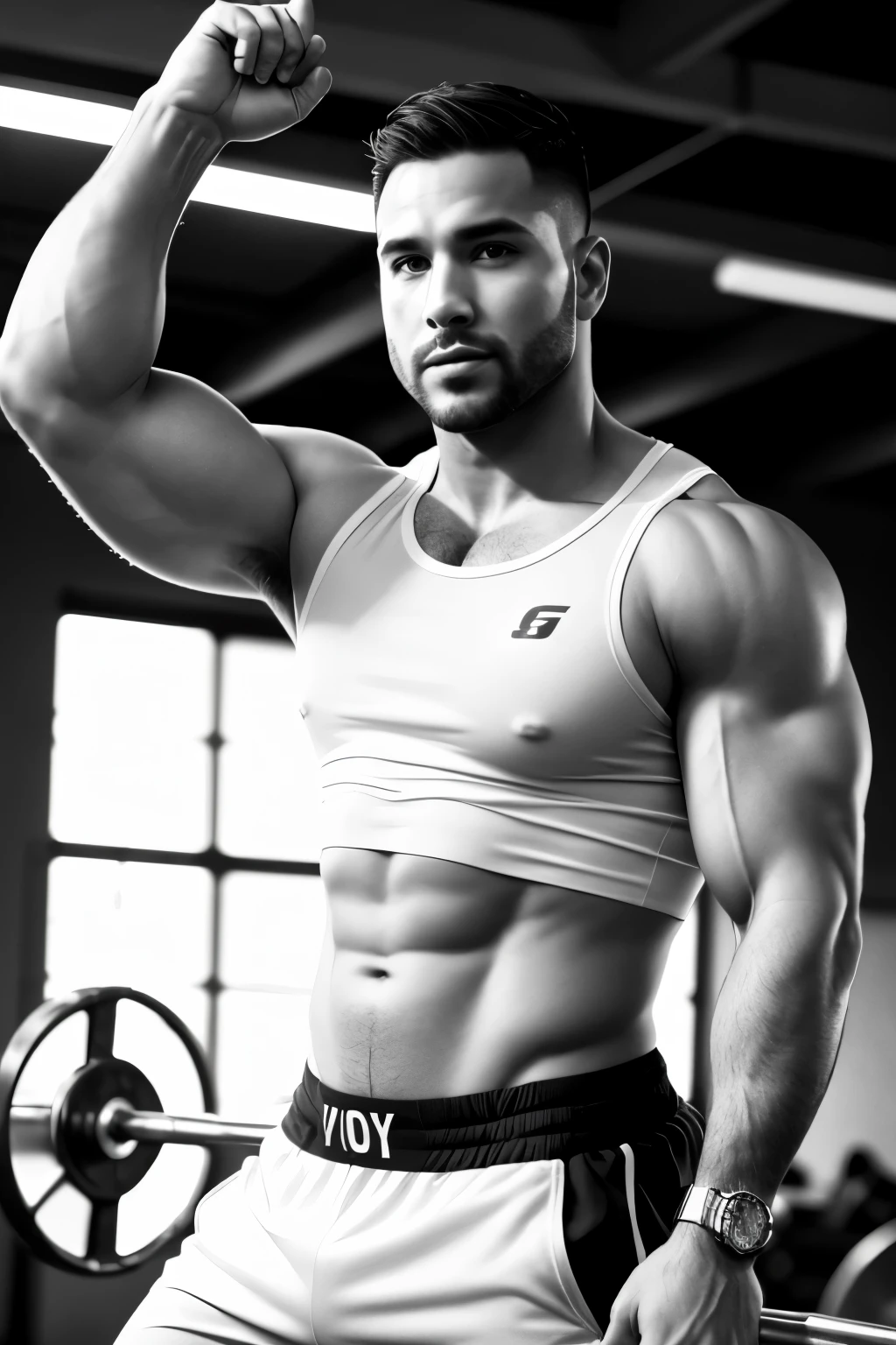 masterpiece, best quality, high resolution, realistic, handsome, photogenic, syahnk, SFW, a photo of a 35 year old gym frat (man:1.2) portrait, standing in a gym , doing military press, weights, stunning , short buzzcut hair,stubble head , (hypermuscle),looking at the viewer, flirting with the camera, charming, (tight white gym shirt ),(GS-Masculine:1), 8K UHD