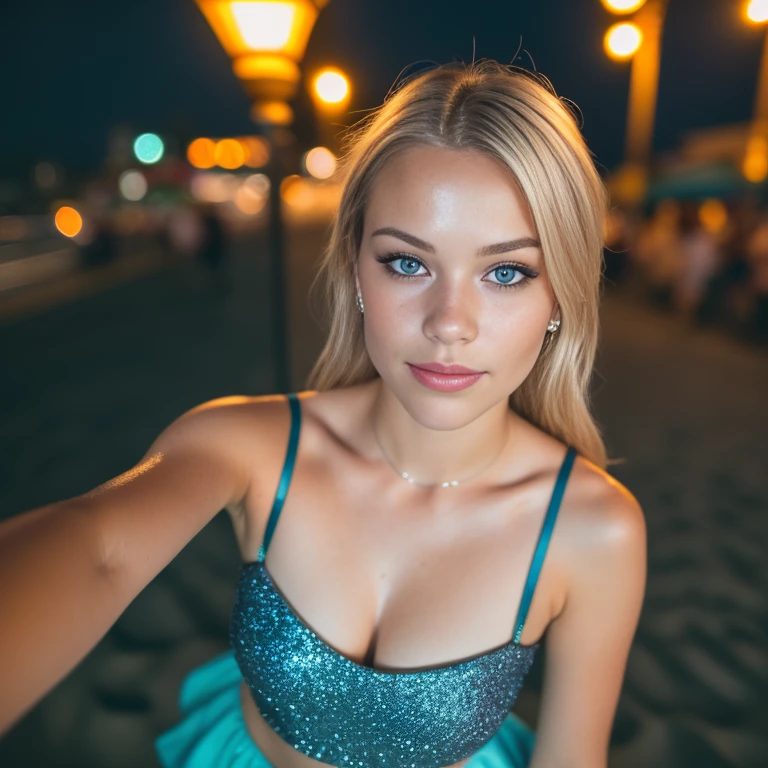 (selfie, top view: 1.4), (straight half of the body: 1.4), RAW UHD portrait photo of a 24-year-old blonde (blue-eyed woman) walking down on the beach, palm trees, (skirt), (neckline), details (textures! , hair! , glitter, color!! , disadvantages: 1.1), glossy eyes with high detail (looking at the camera), SLR lighting, SLR camera, ultra-quality, sharpness, depth of field, film grain (center), Fujifilm XT3, crystal clear, frame center, beautiful face, sharp focus, street lamp, neon lighting, bokeh (dimly lit), night, (night sky), detailed skin pores, oily skin, sunburn, complex eye details, full body, large breasts