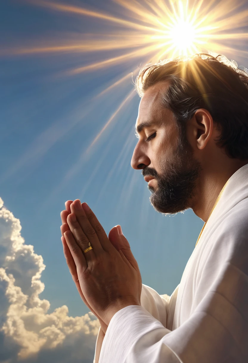 (best quality,4k,8k,highres,masterpiece:1.2),ultra-detailed,(realistic,photorealistic,photo-realistic:1.37),man praying,man prostrating,holy atmosphere,religious devotion,worship of God,spiritual connection,divine presence,sacred moment,faithful believer,religious symbols,sun rays piercing through clouds,glowing halo,heavenly light,inspirational,pure devotion,humility,spiritual enlightenment,blessing,divine guidance,hope and faith,comforting aura,reverent atmosphere,holiness,spiritual transcendence,a moment of serenity,serene expression,fervent prayer,humble gratitude,hopeful eyes,deep faith,pure soul,vivid colors,heavenly ambiance,peaceful countenance,faith illuminating darkness,holy trinity,sacred faith,religious serenity,eternal connection,Object of devotion,solemnity,inner peace,religious devotion.