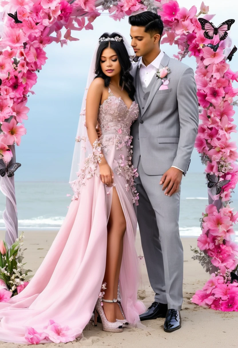 Dream Wedding Pink and
Spring seasonBlack flowers Beach background cute Butterflies, Sexy Bride( 20 years old 5' ftTall Mixed woman black hair Brown eyes,Etheral Pink dress ((A line,open on the legs with diamond shoes))veil) bride standing In front of The groom(6ft tall,handsome man in a gray suit.