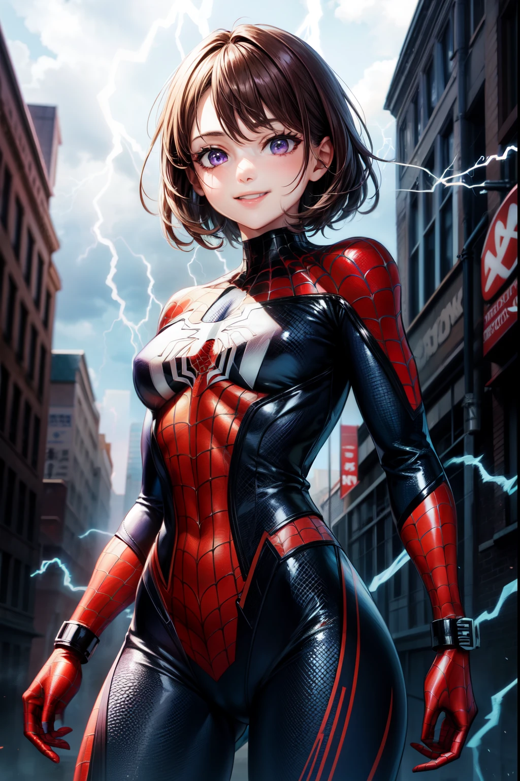 (masterpiece, best quality, detailed), 1girl, solo, KShinobuV4,
<lora:attire_spider-man:0.8> spider suit, spider web print, spider web, outdoors, lightning, rain, cloudy sky, wet, storm, wind, contrapposto, smug