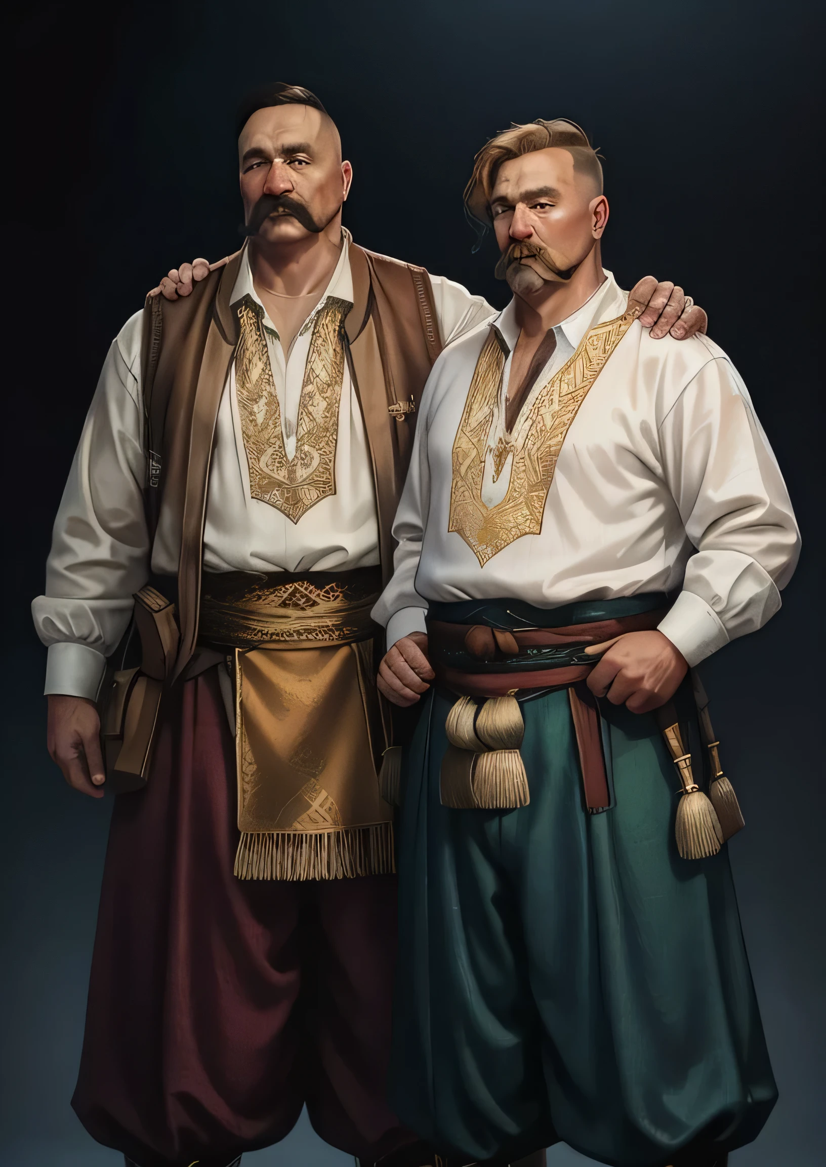 2 fat Cossacks, two men, white embroidered shirt exudes wisdom and dignity. The wrinkles on their faces testify to a rich life history. Experience and firm will can be seen in their eyes. They wear embroidered shirt with pride, embodying the traditions and heritage of their people. Their presence inspires respect and admiration among young Cossacks who seek his advice and wise words, realism, super detailed