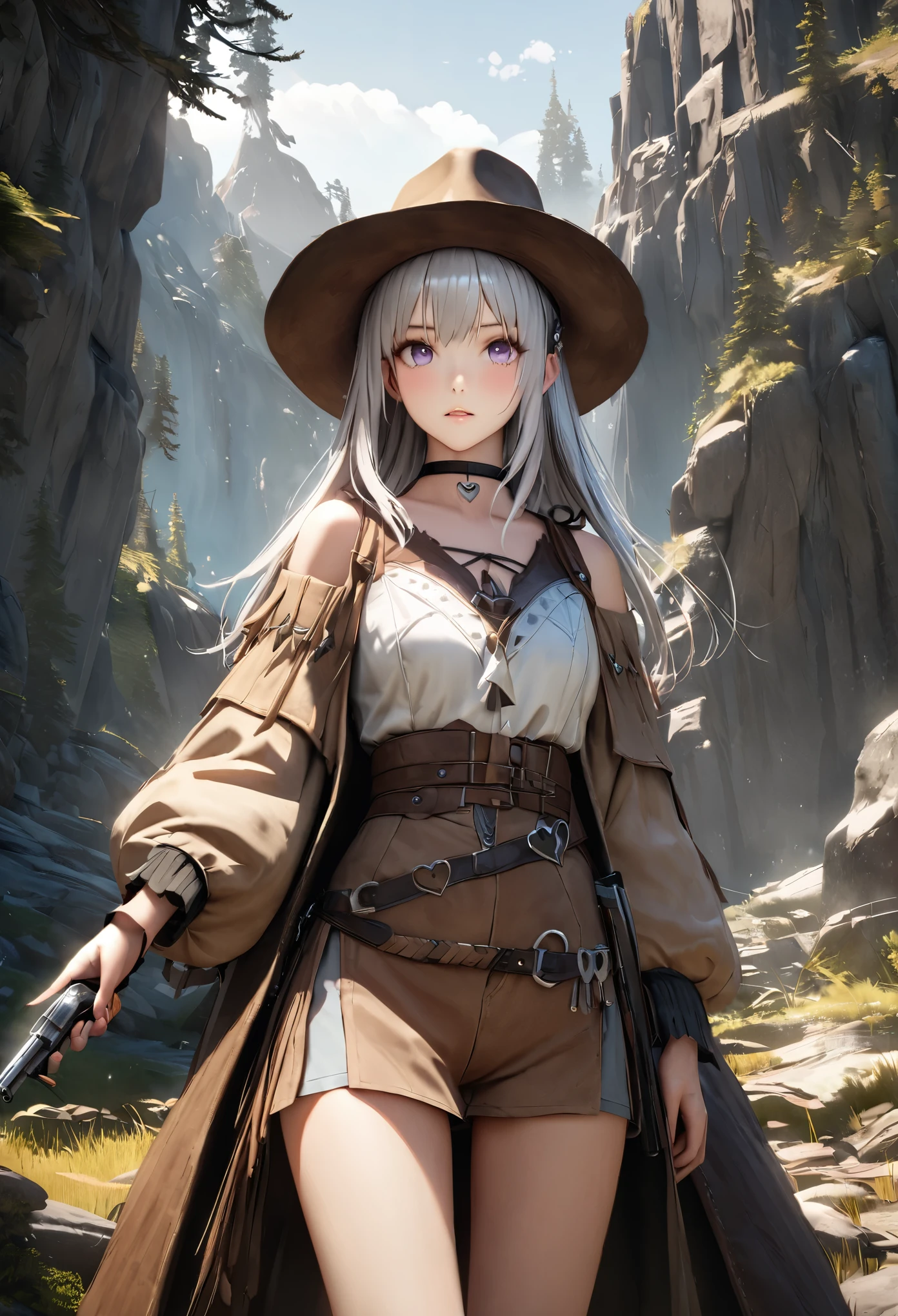 masterpiece,highest quality, Super detailed, High resolution, expensive resolution, HDR, 4k, 8K, unity 8k wallpaper, Super detailed CG, masterpiece, realistic, 2D, 3D, beautiful details, depth, fine texture , super fine: 1.3, Fully focused, Crispy.skin, .he, Very cute anime girl 、Desolate wilderness、cowboy style costume、cowboy hat、cowboy boots、hand gun、mexican wilderness、duel、Standing with a hand gun、long silver hair wearing expensive , one girl、alone, long silver hair, cowboy style、cowboy hat、hand gun、duel、cowboy bootole under the eye, looking at the viewer , expensive , blush, mole, parted lips, hair ornaments, heart, purple eyes, choker