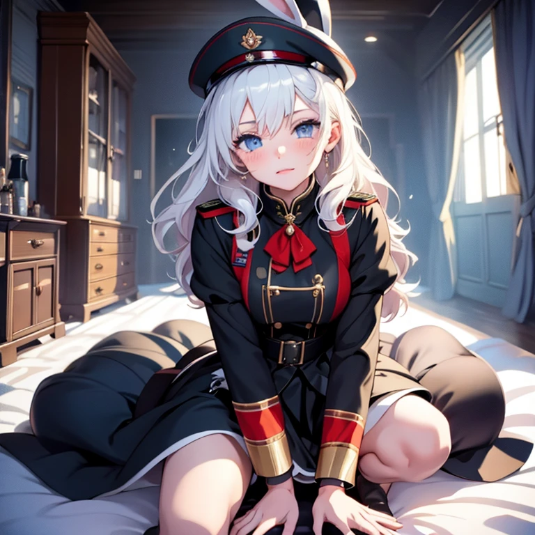 Russian female soldier, skightly rupped tight maid dress ,handcuffed, sensual kneeling position ,snowy environment, ultra detailed, masterpiece ,looking at viewer , sexy , tired eyes, crying, perfect body,bunny ears