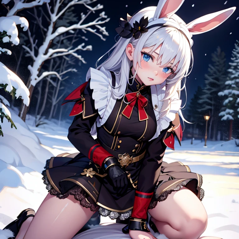 Russian female soldier, skightly rupped tight maid dress ,handcuffed, sensual kneeling position ,snowy environment, ultra detailed, masterpiece ,looking at viewer , sexy , tired eyes, crying, perfect body,bunny ears