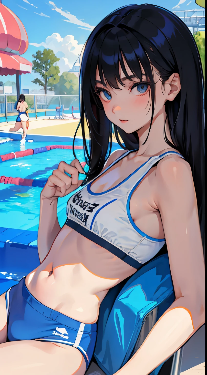 (short cute girl,small young student,young delicate girl),(masterpiece,Top quality),long black hair,Light blue sports bra,amusement park,pool