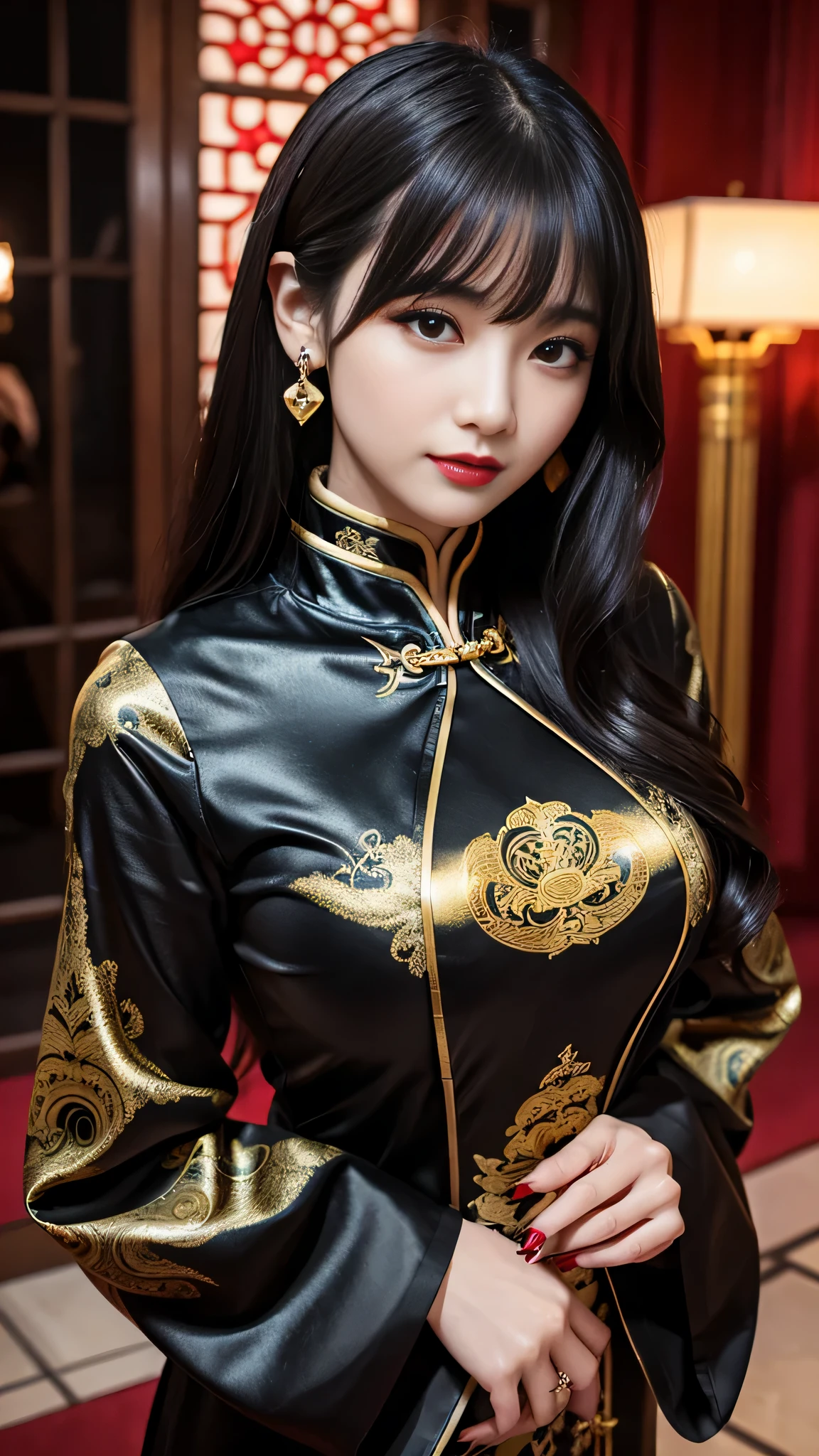 tra-detailed、Japanese、attractive beauty、seductive adult woman、pretty woman、piercing eyes、cool girl、wavy hair、swept bangs、Long Black and Gold Cheongsam、wide sleeves、Evil cadres、evil depravity、brainwash、mind control、lipstick、lip gloss、dark makeup、smirk、whisper in your ear、Evil expression、evil、hollow eyes,half-closed eyes、empty eyes、evil、church at night、vampire、succubus、vampire、Swear allegiance、sexy pose、hair ornaments、