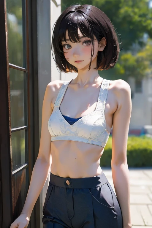 (masterpiece, best quality, high quality, highres, ultra-detailed, detailed background,)1girl,(),black hair,short hair,(grey sport bra),(trousers)
looking at viewer,(flat chest),model pose,injury,