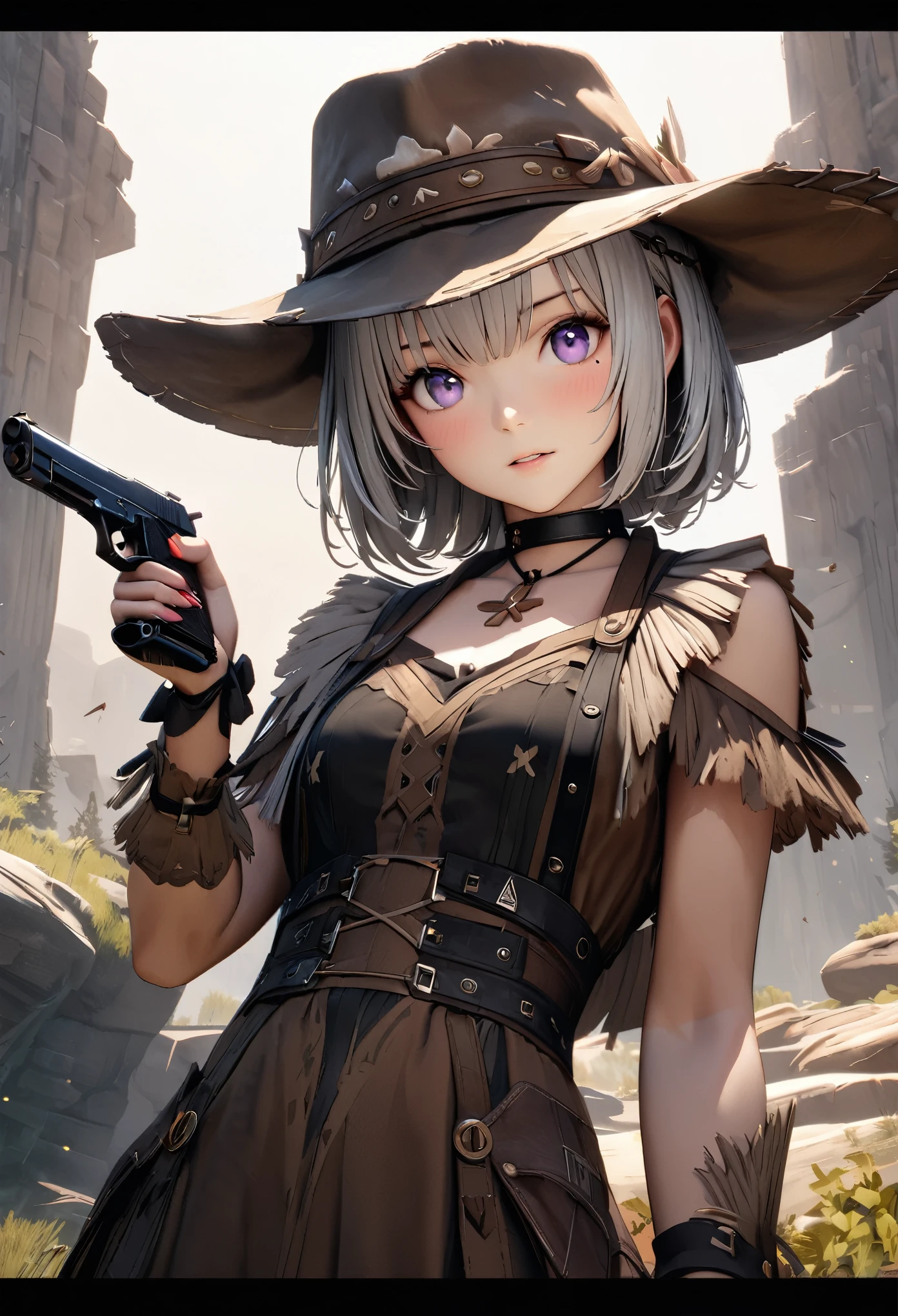 masterpiece,highest quality, Super detailed, High resolution, expensive resolution, HDR, 4k, 8K, unity 8k wallpaper, Super detailed CG, masterpiece, realistic, 2D, 3D, beautiful details, depth, fine texture , super fine: 1.3, Fully focused, Crispy.skin, .he,
Very cute anime girl 、Desolate wilderness、cowboy style costume、cowboy hat、cowboy boots、hand gun、mexican wilderness、duel、Standing with a hand gun、silver short hair wearing expensive , one girl、alone, silver short hair, cowboy style、cowboy hat、hand gun、duel、cowboy bootole under the eye, looking at the viewer , expensive , blush, mole, , parted lips, hair ornaments, heart, purple eyes, choker