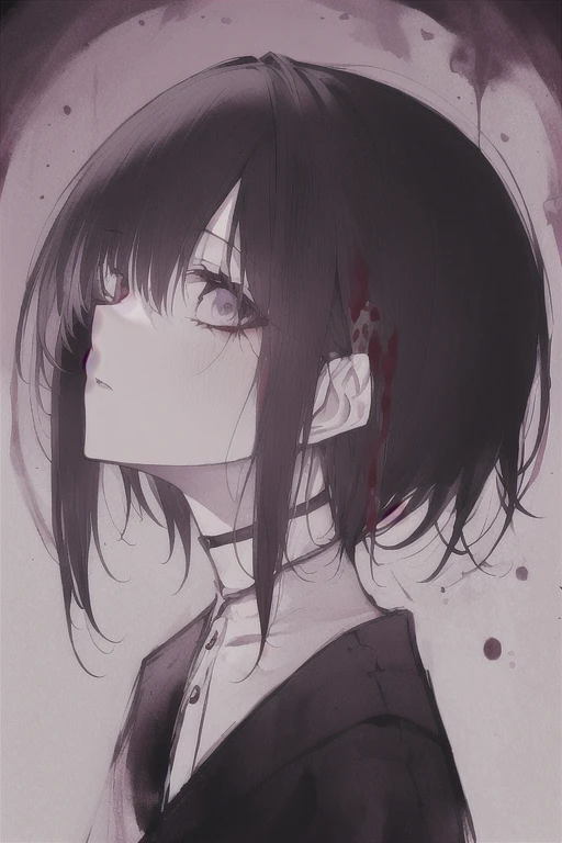 alone, monochrome, Blood, looking at the viewer, short hair, 1 girl, purple theme, 1 boy ,
///////////