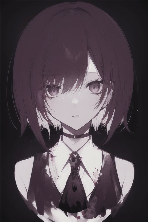 alone, monochrome, Blood, looking at the viewer, short hair, 1 girl, purple theme, 1 boy ,
///////////