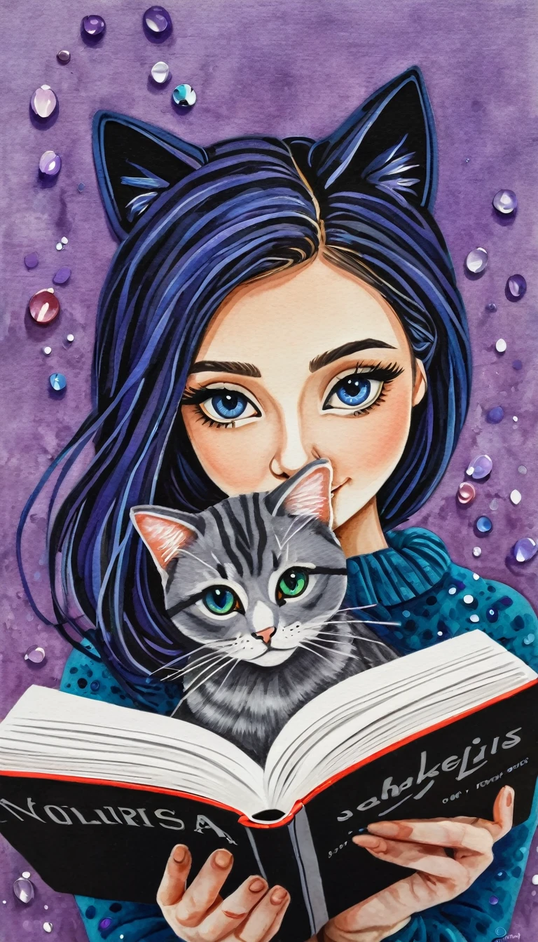 Cute colorful woollen art girl holding cat, beads book, focusing,, fantastic , perfect composition, perfect details, perfect eyes, perfect iris, high resolution, high quality, high definition, ink painting , lovely, calm, painting splashes , quilling background