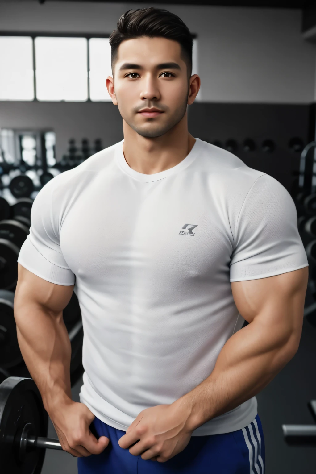 masterpiece, best quality, high resolution, realistic, handsome, photogenic, syahnk, SFW,  a photo of a 35 year old gym frat (man:1.2) portrait, standing in a gym , doing military press, weights, stunning , short buzzcut hair,stubble head , (hypermuscle),looking at the viewer, flirting with the camera, charming, (tight white gym shirt ),(GS-Masculine:1), 8K UHD