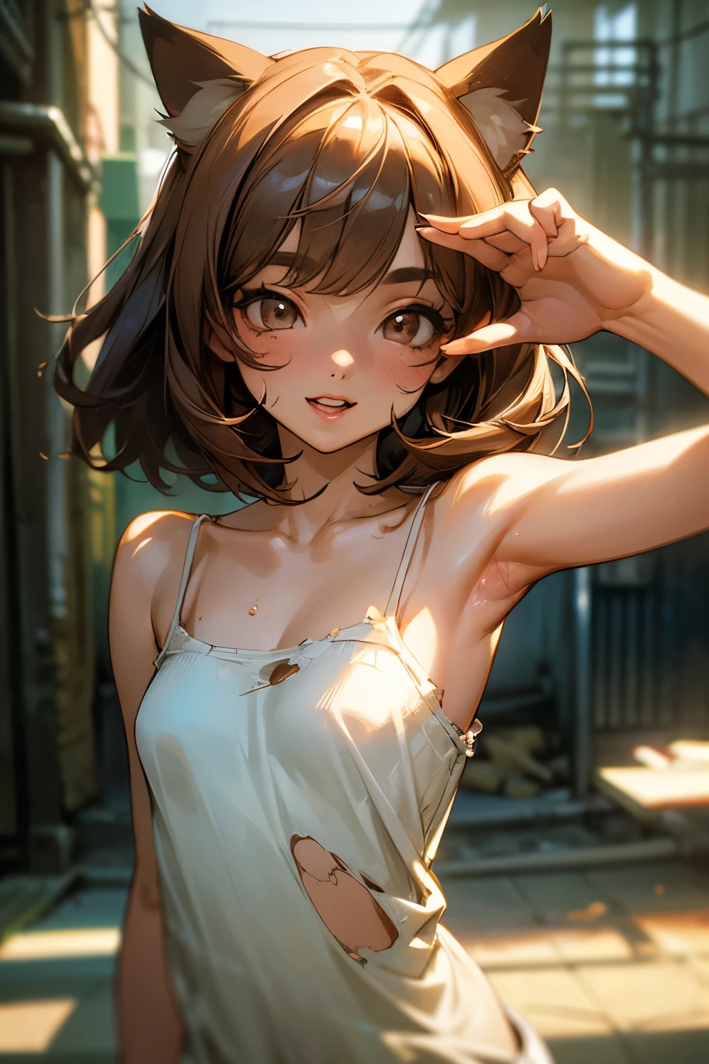 ((Masterpiece)), (Anime:1.3), ((best quality)), (RAW photo: 1.2), (High Definition:1.3), (Professional Photography:1.2), (cinematic lighting:1.5), (closeup face), Textured skin, (), 1girl, (Cute teenage beaul Girl), BREAK, ((best quality)), ((Glossy lips)), beautiful brown eyes, (Beautiful daiamond eyes:1.5), Cat ears, Pale brown hair, unruly hair, medium hair, (blunt and swept bangs), ((laughing)), BREAK, ((dirty and very torn white camisole)), Slender body, small breasts, sweaty, Beautiful small breasts, (Paw posing:1.4), Slum townscape,