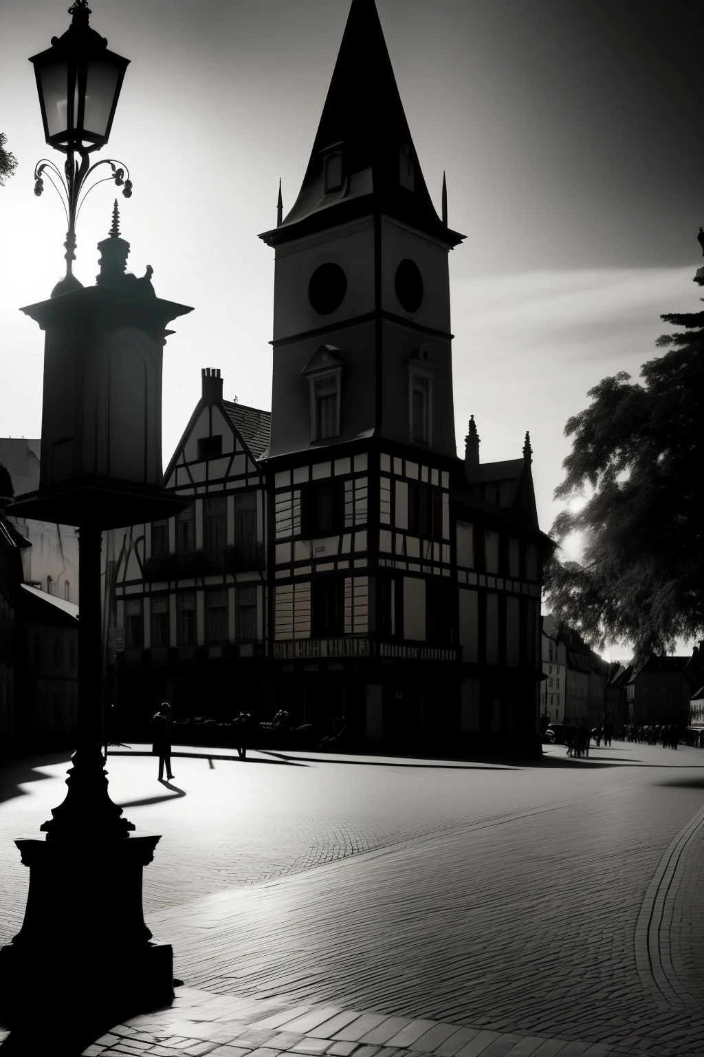 In the heart of a quaint European town lies a square, a vintage gem where the past intertwines with the present. The scene is straight out of German expressionism, with its monochrome color palette of stark black and white, contributing to the high contrast and ominous atmosphere. The square is a perfect square, meticulously paved with cobblestones, and adorned with antique benches and lamps, their dark silhouettes casting long, distorted shadows as the sun starts to descend. Amidst this picturesque setting, a sense of unease creeps in, as if a malevolent force lurks beneath the facade. Perspectives are distorted, angles trick the