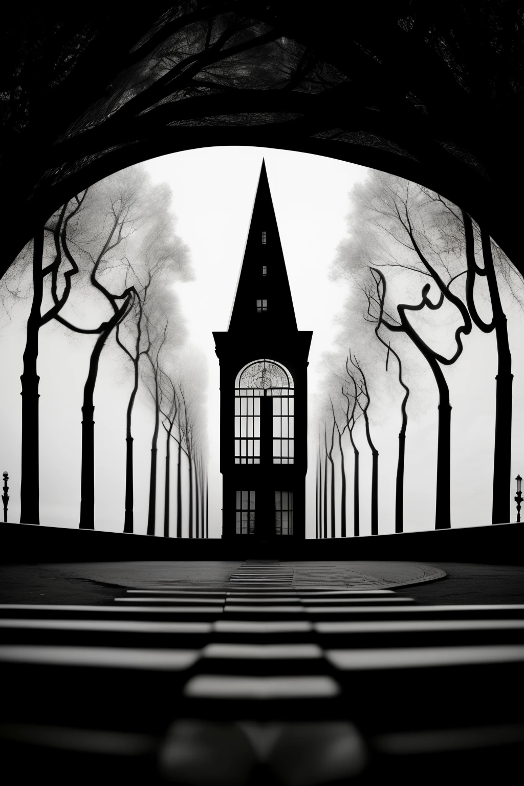 A black and white, high contrast square with twisted perspectives and distorted angles comes alive in a German expressionism scene. The monochrome setting is adorned with benches and lamps, casting eerie shadows that add to the nightmarish atmosphere. The deep blacks and stark whites create a striking visual contrast, while the distorted perspectives intensify the sense of unease. As if trapped in a distorted nightmare, the scene exudes a sense of disorientation and mystery, inviting viewers to delve into the depths of their own imagination.