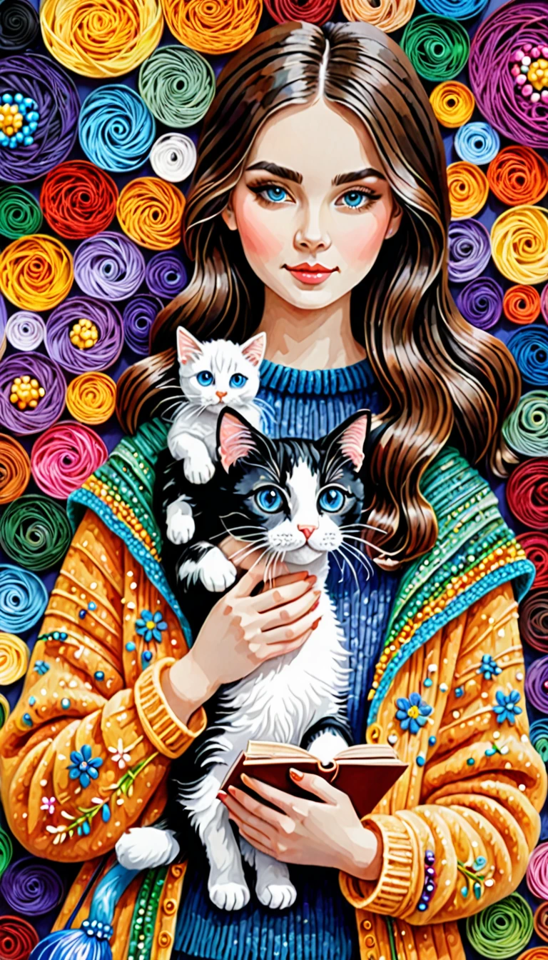 Cute colorful woollen art girl holding cat, beads book, focusing,, fantastic , perfect composition, perfect details, perfect eyes, perfect iris, high resolution, high quality, high definition, ink painting , lovely, calm, painting splashes , quilling background