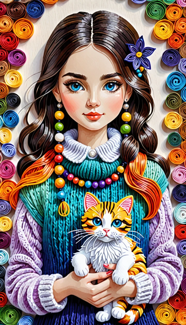 Cute colorful woollen art girl holding cat, beads book, focusing,, fantastic , perfect composition, perfect details, perfect eyes, perfect iris, high resolution, high quality, high definition, ink painting , lovely, calm, painting splashes , quilling background
