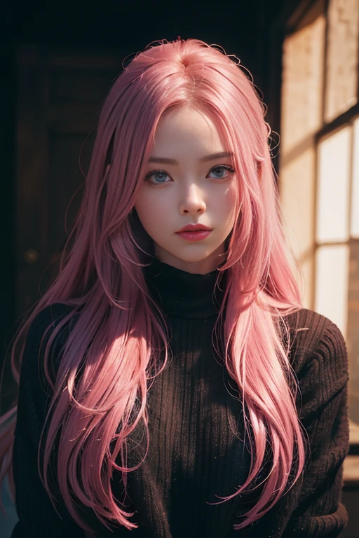 Best quality, masterpiece, ultra high res, (photorealistic:1.4), raw photo, 1girl, long hair, pink hair, detailed eyes and face, black sweater, dynamic lighting, in the dark, deep shadow, low key, cowboy shot