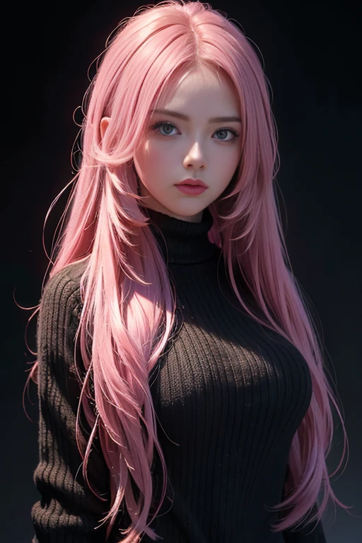 Best quality, masterpiece, ultra high res, (photorealistic:1.4), raw photo, 1girl, long hair, pink hair, detailed eyes and face, black sweater, dynamic lighting, in the dark, deep shadow, low key, cowboy shot