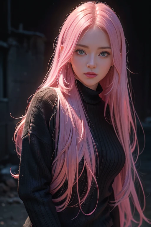 Best quality, masterpiece, ultra high res, (photorealistic:1.4), raw photo, 1girl, long hair, pink hair, detailed eyes and face, black sweater, dynamic lighting, in the dark, deep shadow, low key, cowboy shot