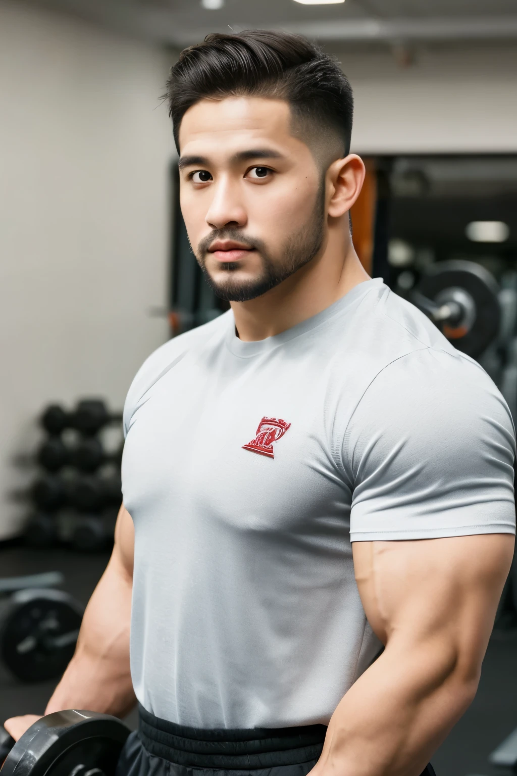 masterpiece, best quality, high resolution, realistic, handsome, photogenic, syahnk, SFW,  a photo of a 35 year old gym frat (man:1.2) portrait, standing in a gym , doing military press, weights, stunning , short buzzcut hair,stubble head , (hypermuscle),looking at the viewer, flirting with the camera, charming, (tight white gym shirt ),(GS-Masculine:1), 8K UHD