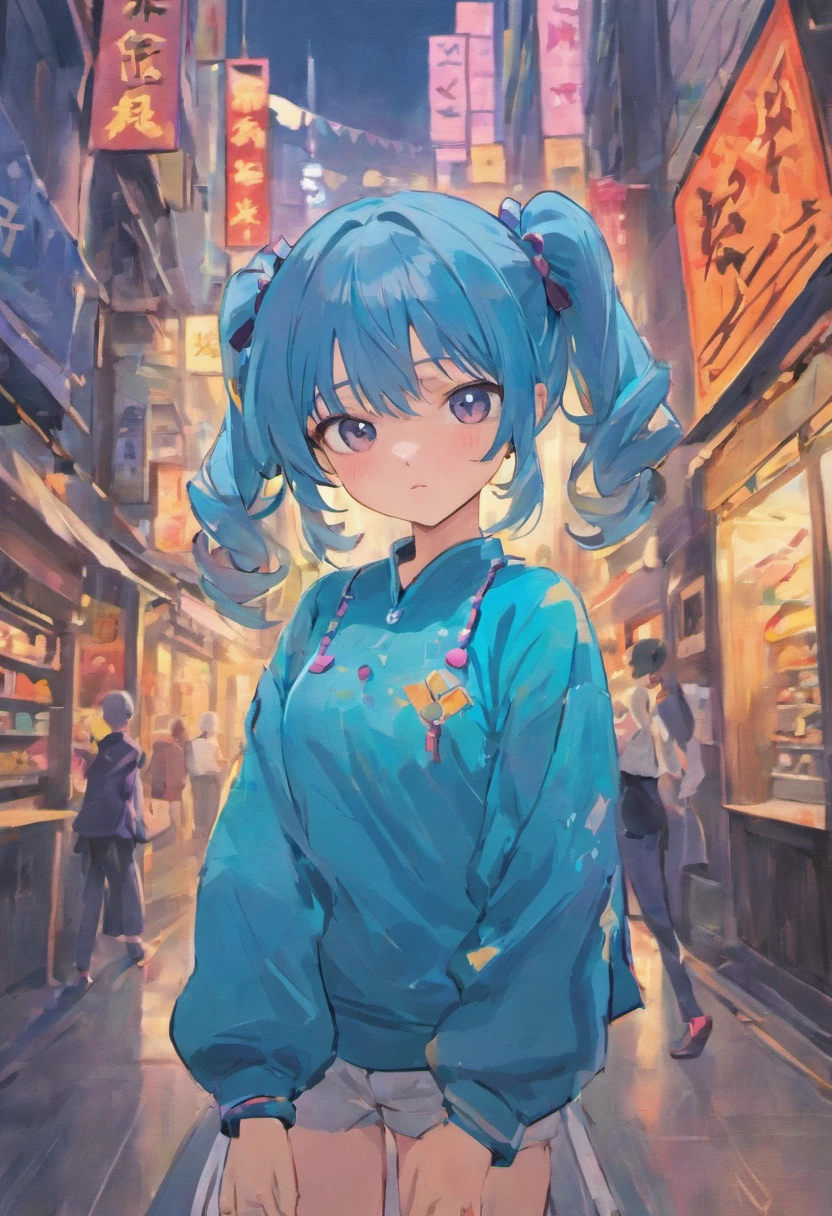 One ， in blue top and pants，With two pigtails，nothing background，adolable,a variety of poses，All kinds of manners，Chinese Zhuang people