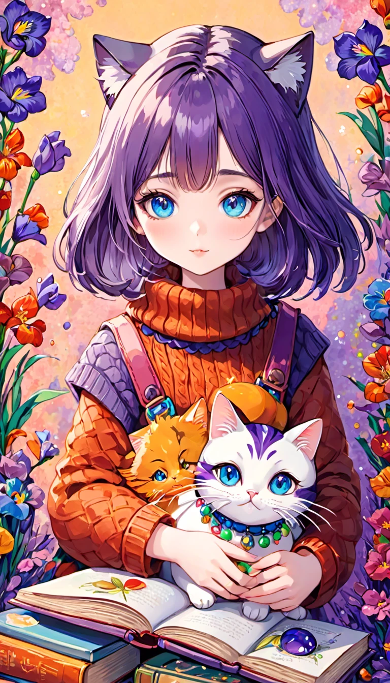 Cute colorful woollen art girl holding cat, beads book, focusing,, fantastic , perfect composition, perfect details, perfect eyes, perfect iris, high resolution, high quality, high definition, ink painting , lovely, calm, painting splashes , quilling background