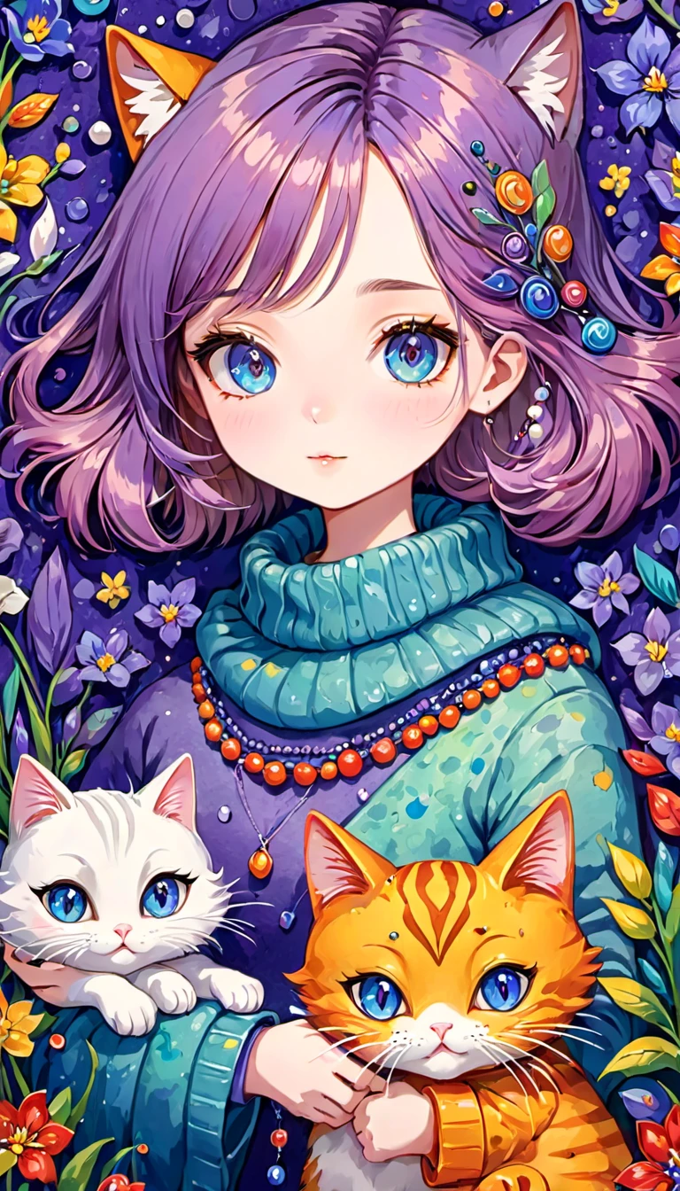 Cute  colorful  woollen art girl holding cat, beads  book,  focusing,, fantastic , perfect composition,  perfect details,  perfect eyes,  perfect iris,  high resolution, high quality, high definition,   ink painting , lovely, calm, painting splashes , quilling background