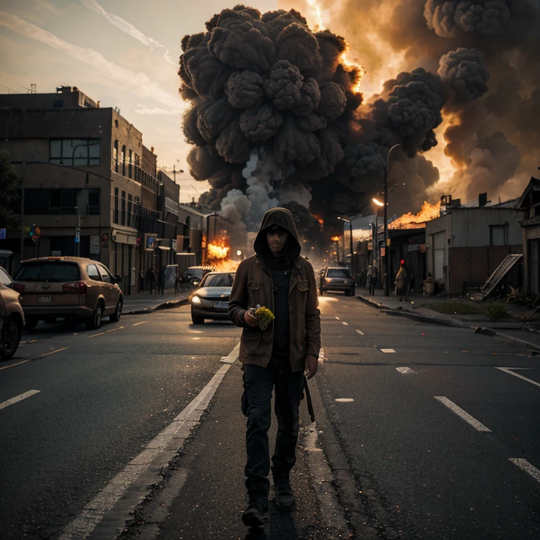apocalypse background with building on fire, with a guy in the middle of the street holding a pot with a sunflower in it