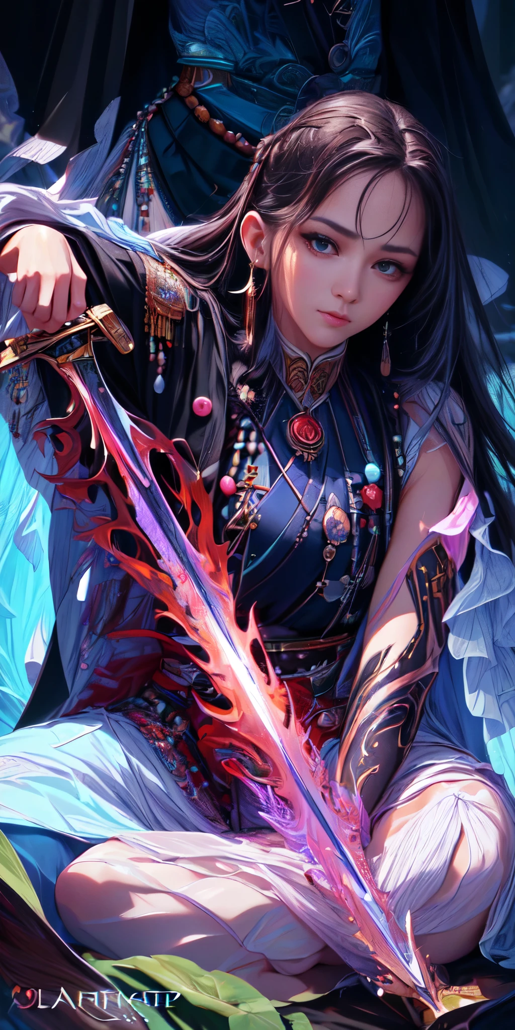 (best quality, highres, realistic:1.37), girl transformation, Long hair, ultra-detailed, portrait, oil painting, vibrant colors, soft lighting, illustration, detailed face and body, stunning eyes, perfect body proportions, long flowing hair, delicate hands, intricate sword, captivating expression