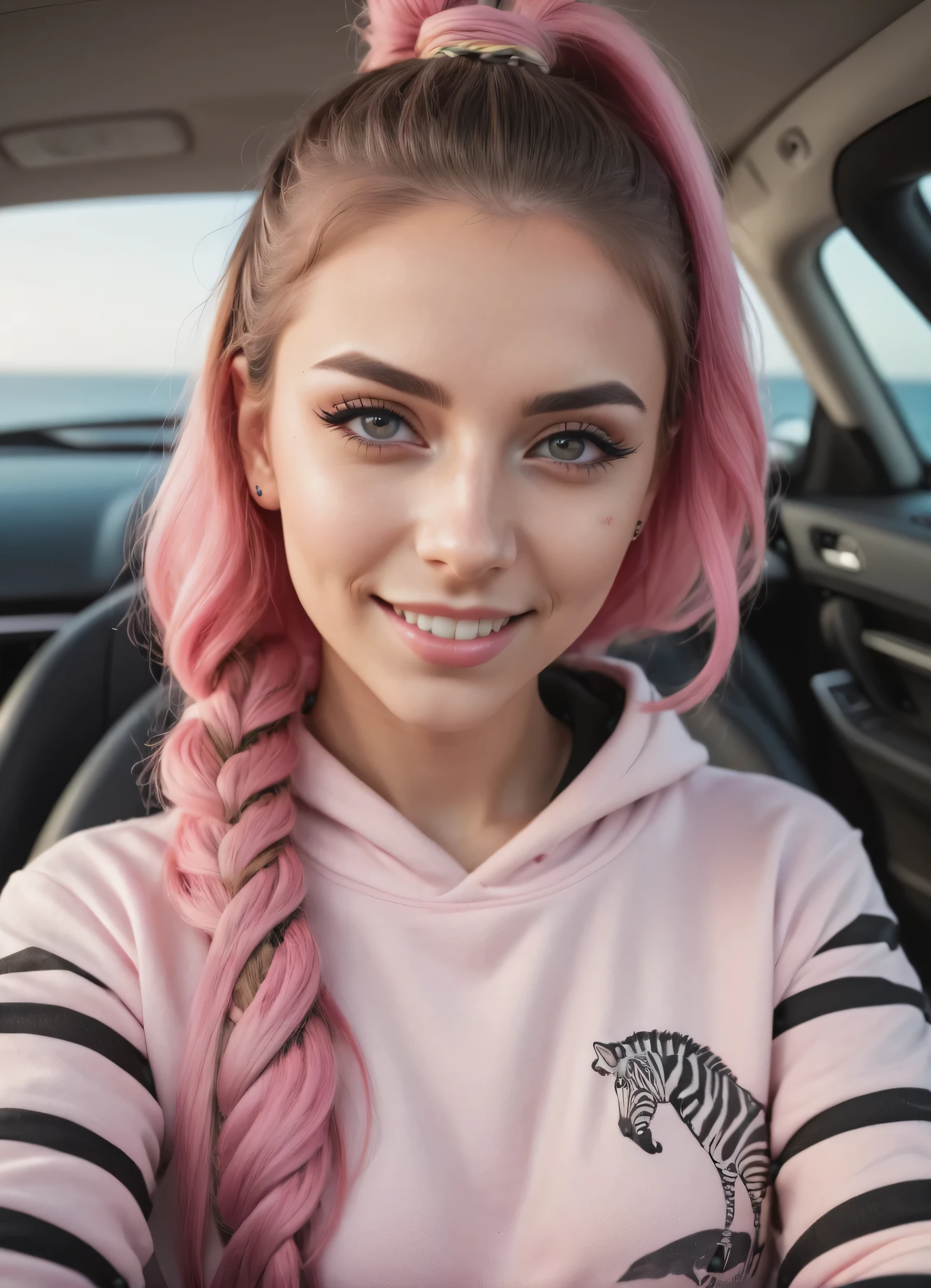 RAW photo, a 22-year-old- Girl, upper body, selfie in a Lamborghini, zebra print hoodie, (realistic) , (photo-realistic:1.5) , inside a car, driving, Whaling ship Tattoo, Belts, (Braided half-up half-down hair) , Pink hair, Smartwatch, (RAW photo, 8k uhd, film grain) , Sharp Eyeliner, Blush Eyeshadow With Thick Eyelashes, extremely delicate and beautiful, 8k, soft lighting, high quality, highres, sharp focus, extremely detailed, during the day, (sunlight on face) , beautiful detailed eyes, extremely detailed eyes and face, masterpiece, cinematic lighting, (high detailed skin:1.2) , 8k uhd, dslr, soft lighting, high quality, film grain, Fujifilm XT3, Smiling