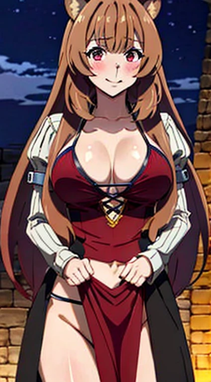 masterpiece, beste-Quality, Raphtalia, a 1girl, solo, Long Hair, Breast, looking at the spectator, big boob, Big hip, blush, a smile, auburn hair, red eyes, thights, long sleeves, gown, guarding, animal ears, Very long hair, closed mouth, bikini of, Raccoon tail, Raccoon Girl,