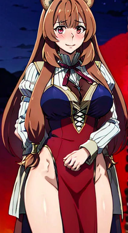 masterpiece, beste-Quality, Raphtalia, a 1girl, solo, Long Hair, Breast, looking at the spectator, big boob, Big hip, blush, a smile, auburn hair, red eyes, thights, long sleeves, gown, guarding, animal ears, Very long hair, closed mouth, bikini of, Raccoon tail, Raccoon Girl,