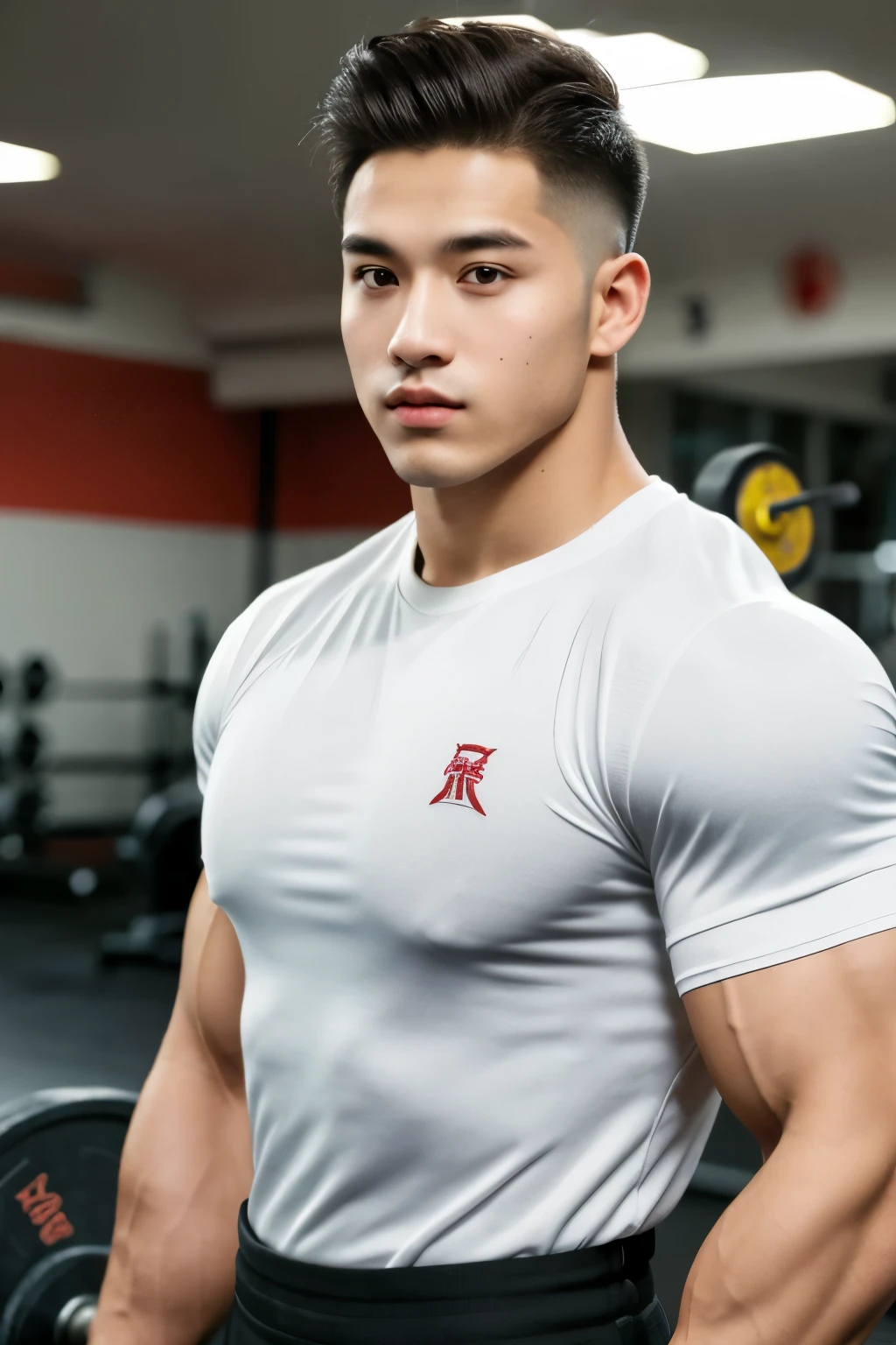 masterpiece, best quality, high resolution, realistic, handsome, photogenic, syahnk, SFW, a photo of a 25 year old gym frat (man:1.2) portrait, standing in a gym , doing military press, weights, stunning , short buzzcut hair,stubble head , (hypermuscle),looking at the viewer, flirting with the camera, charming, (tight white gym shirt ),(GS-Masculine:1), 8K UHD
