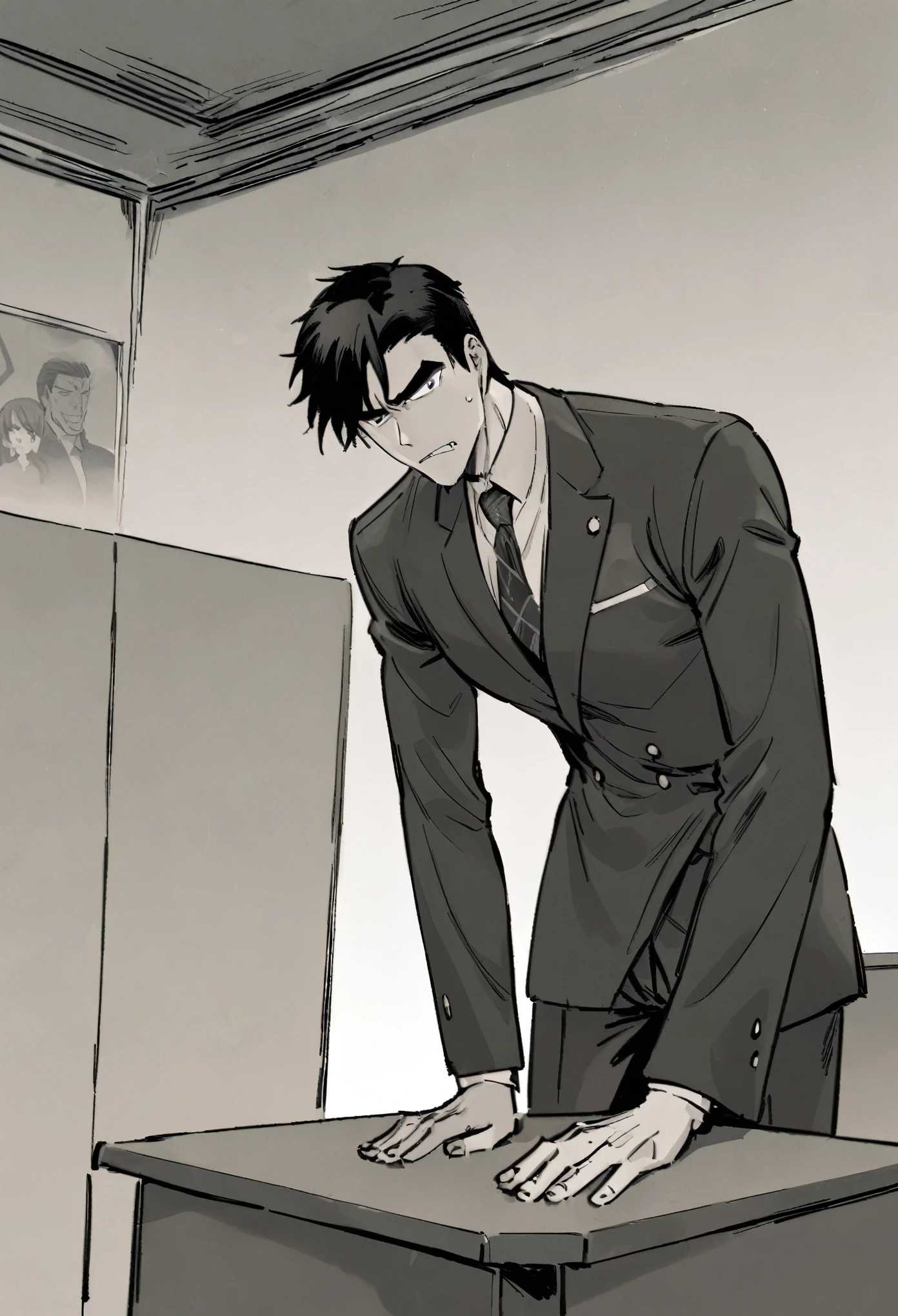 manga drawing President Takashi is an imposing leader, with a robust physique and a confident posture. His face displays lines of expression that testify to his long history of leadership, with deep and determined eyes. His tanned skin and firm chin reflect his determination and strength of character. His black hair, flecked with gray, is styled elegantly, complementing his statesmanlike image. Dressed in a tailored suit, he conveys authority and sophistication, while his standing posture in the meeting room, with a penetrating gaze and convinced speech, demonstrates his leadership capacity even in the face of crises. Despite the gravity of the situation, he remains calm and in control, inspiring confidence in his colleagues. President Takashi maintains an imposing posture while standing, with his shoulders slightly set back, projecting confidence and authority. His feet are firmly planted on the ground, conveying stability and firmness. One of his hands is resting on the table, while the other is slightly raised, emphasizing his points as he speaks with conviction about the threat posed by Starfire. His gaze is firm and penetrating, sweeping the room as he directs his words to those present with determination and clarity. His facial expression is serious but controlled, revealing a combination of seriousness and confidence in his ability to lead the country through the crisis. Lora Marvin style, manga, monochrome, detailed face