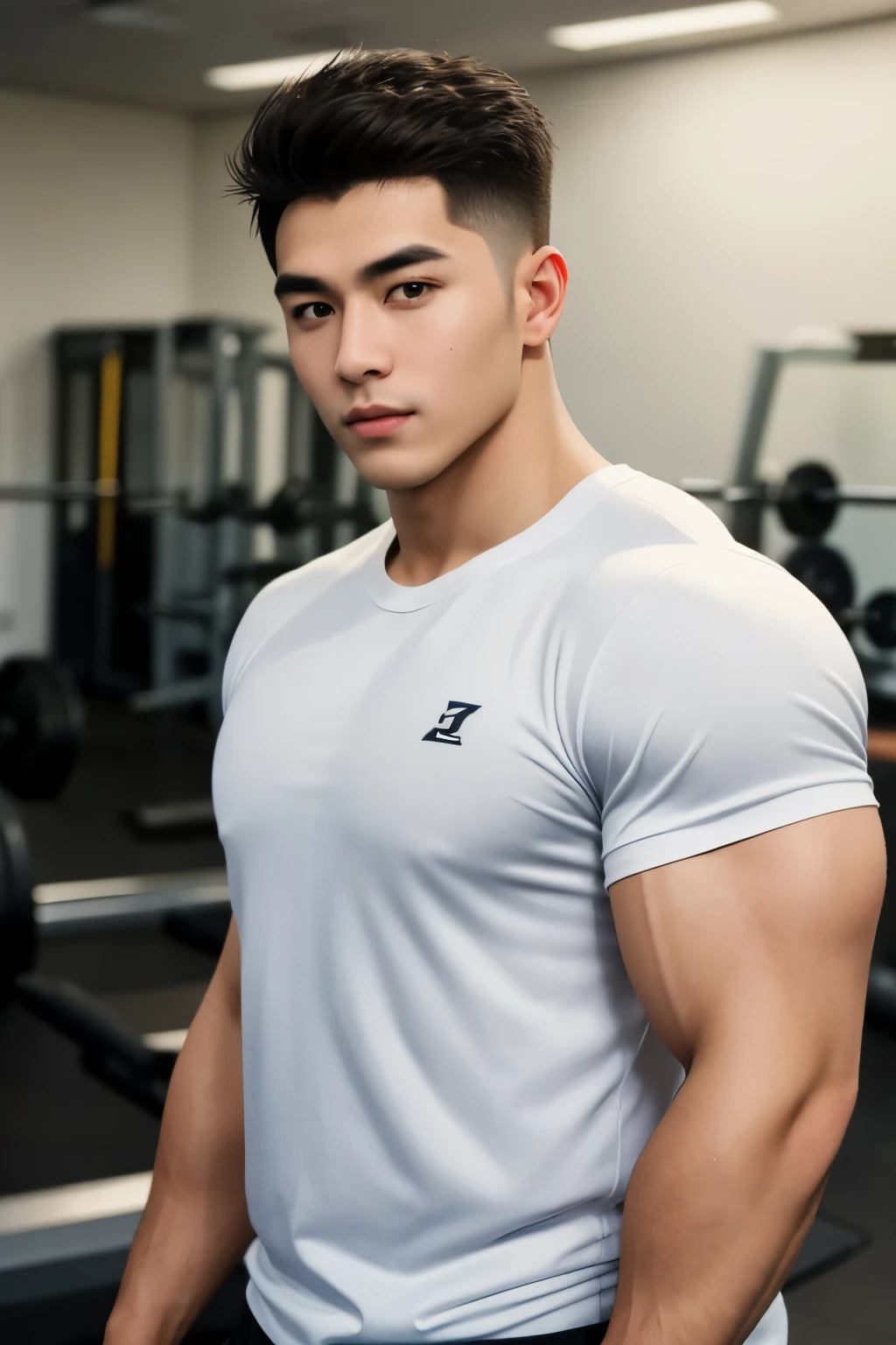 masterpiece, best quality, high resolution, realistic, handsome, photogenic, syahnk, SFW, a photo of a 25 year old gym frat (man:1.2) portrait, standing in a gym , doing military press, weights, stunning , short buzzcut hair,stubble head , (hypermuscle),looking at the viewer, flirting with the camera, charming, (tight white gym shirt ),(GS-Masculine:1), 8K UHD