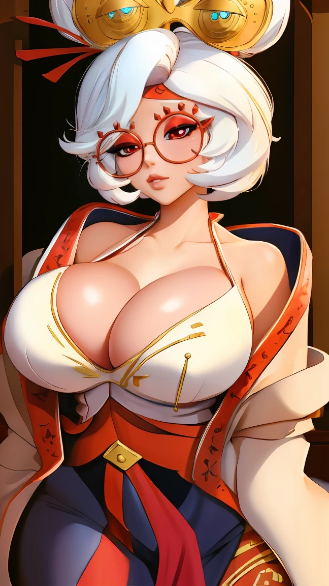 ((masterpiece)), ((best quality)), (detailed), perfect, solo, purah, gorgeous woman with cleavage, luscious lips, white hair, huge breast, deep cleavage, huge breasts, sexy, 