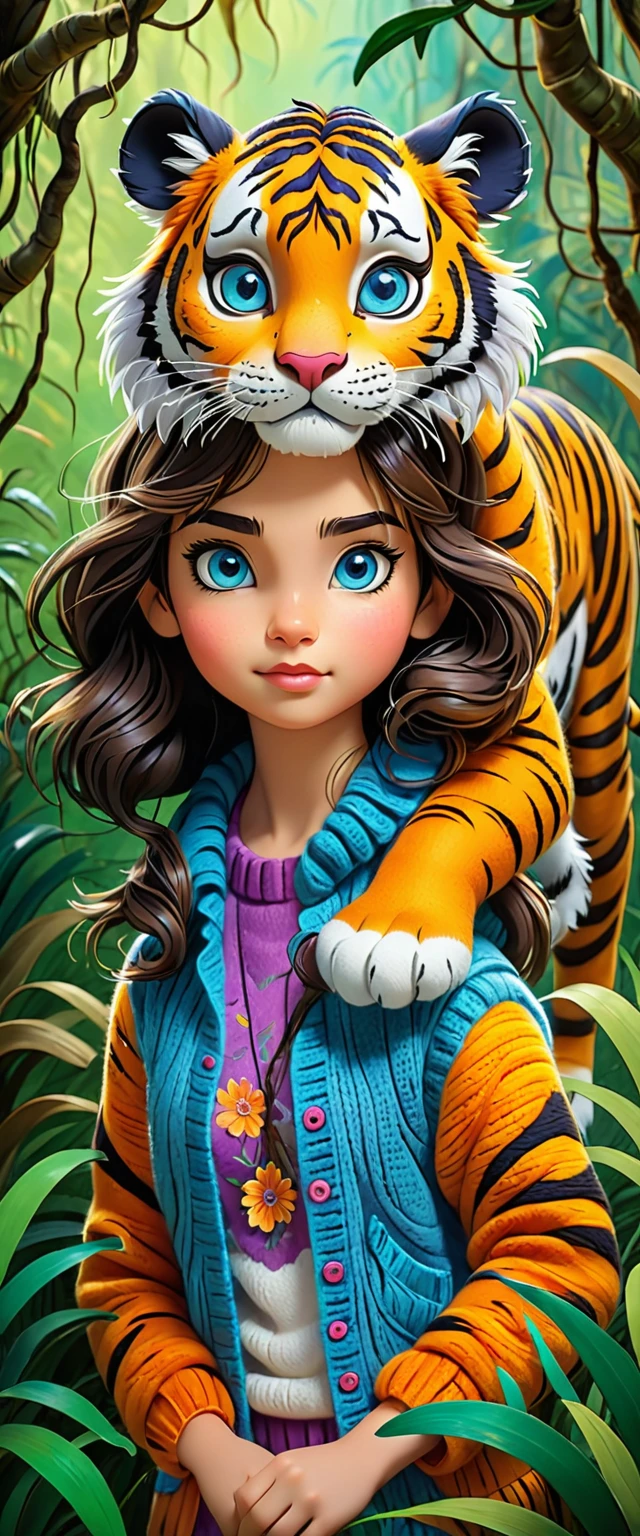 Cute  colorful  woollen art girl holding Tiger, jungle  book,  focusing,, fantastic , perfect composition,  perfect details,  perfect eyes,  perfect iris,  high resolution, high quality, high definition,   ink painting , lovely, calm, painting splashes , quilling background