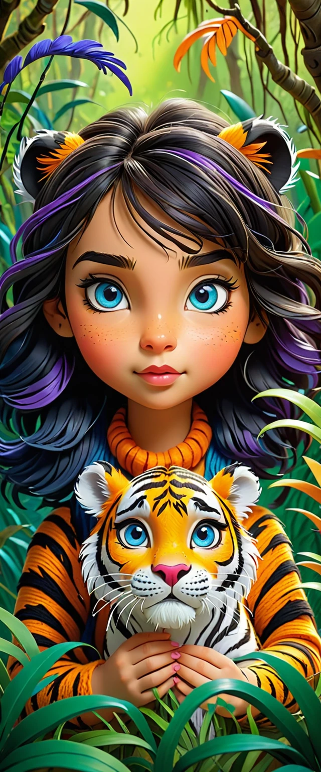 Cute colorful woollen art girl holding Tiger, jungle book, focusing,, fantastic , perfect composition, perfect details, perfect eyes, perfect iris, high resolution, high quality, high definition, ink painting , lovely, calm, painting splashes , quilling background